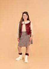 Ensemble Fille avec gilet Beige & Bordeaux