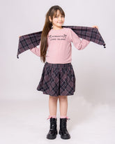 Ensemble Fille avec châle pull Rose & Jupe à Carreaux