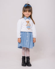 طقم فتيات فستان جينز وبلوزة بيضاء