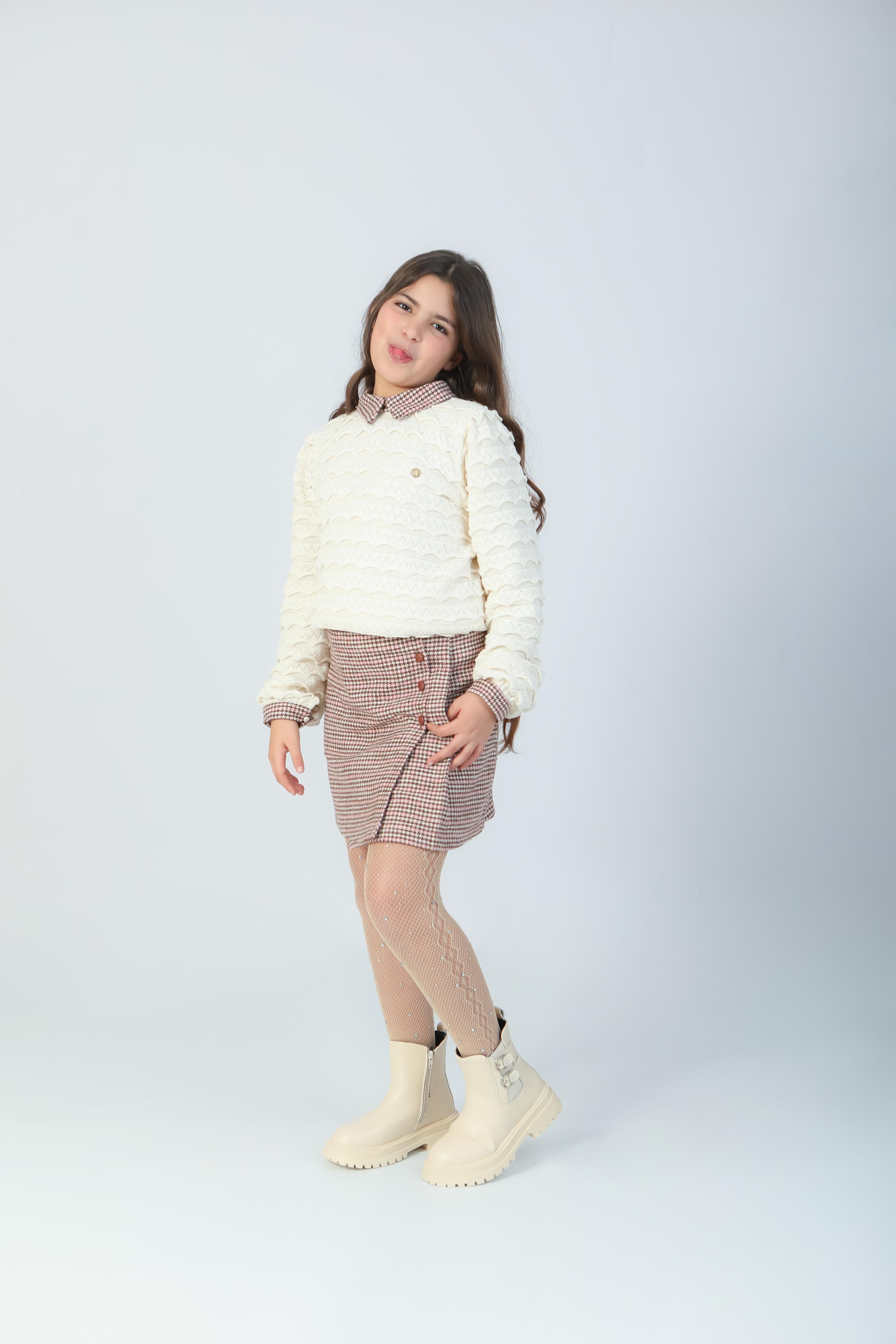 Ensemble Fille Écru & Beige à Carreaux