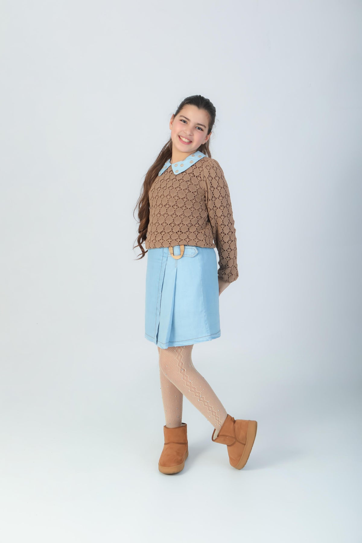 Ensemble Fille Marron & Jupe Bleu Ciel