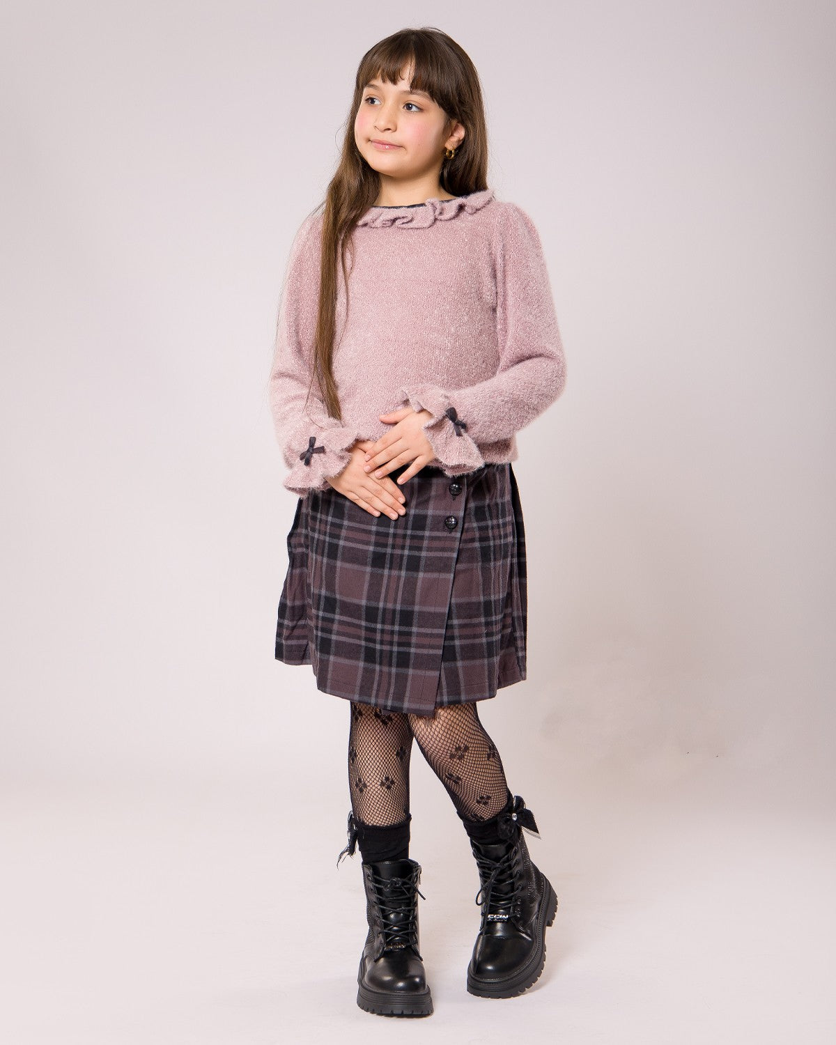 Ensemble Fille Rose & Jupe Carreaux