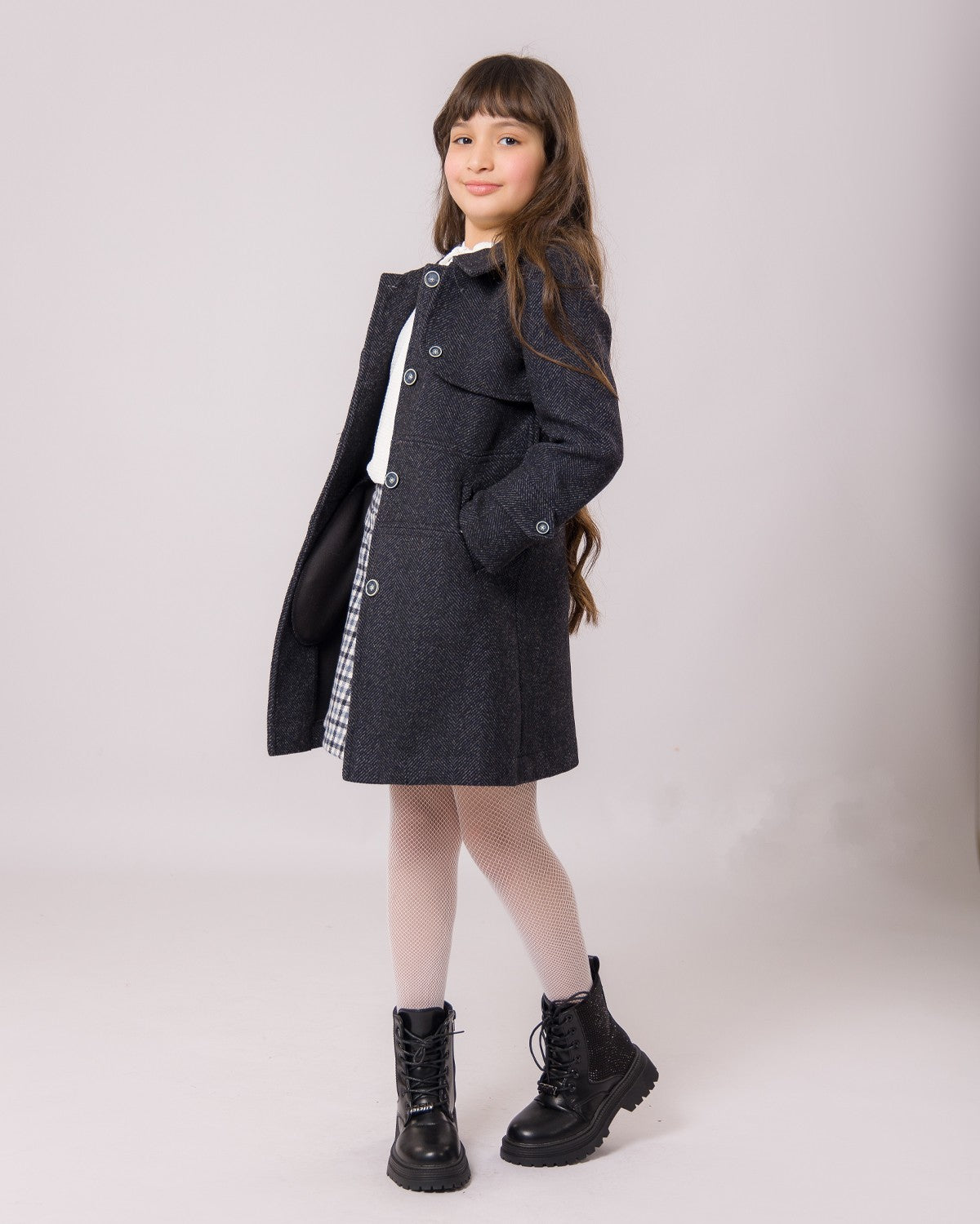 Ensemble Manteau Fille Gris & Jupe Carreaux