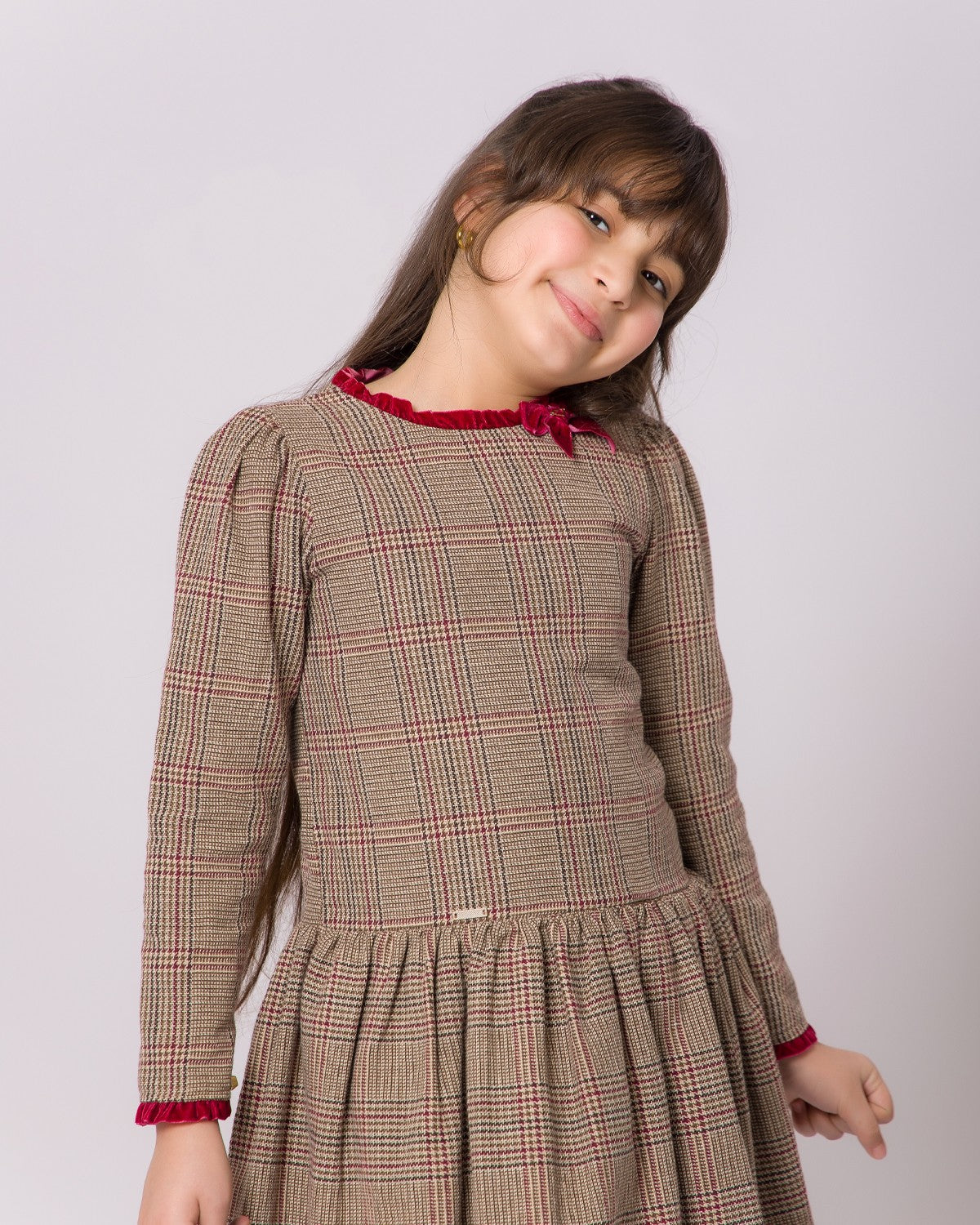 Robe Fille à Carreaux Beige Grenat