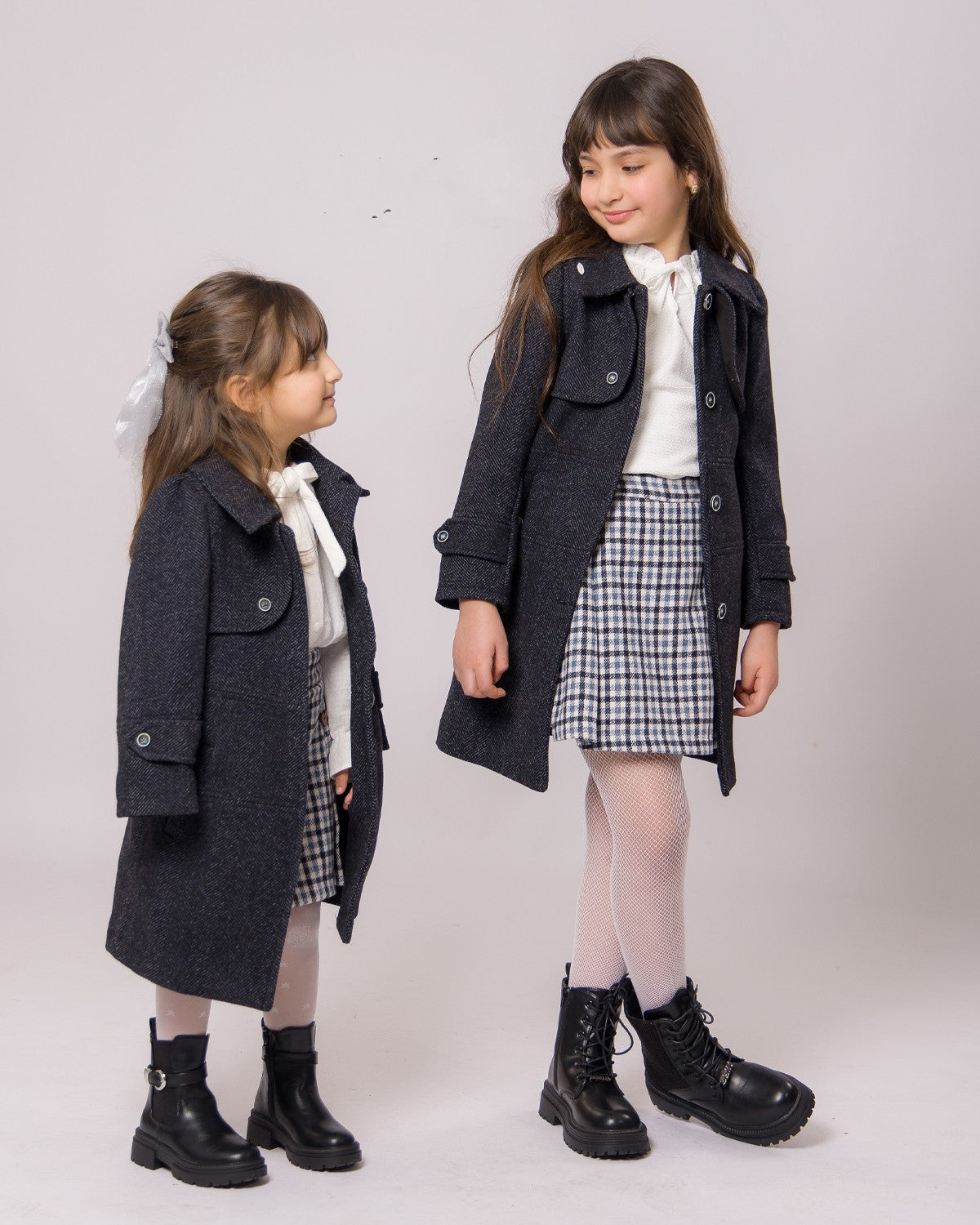 Ensemble Manteau Fille Gris & Jupe Carreaux