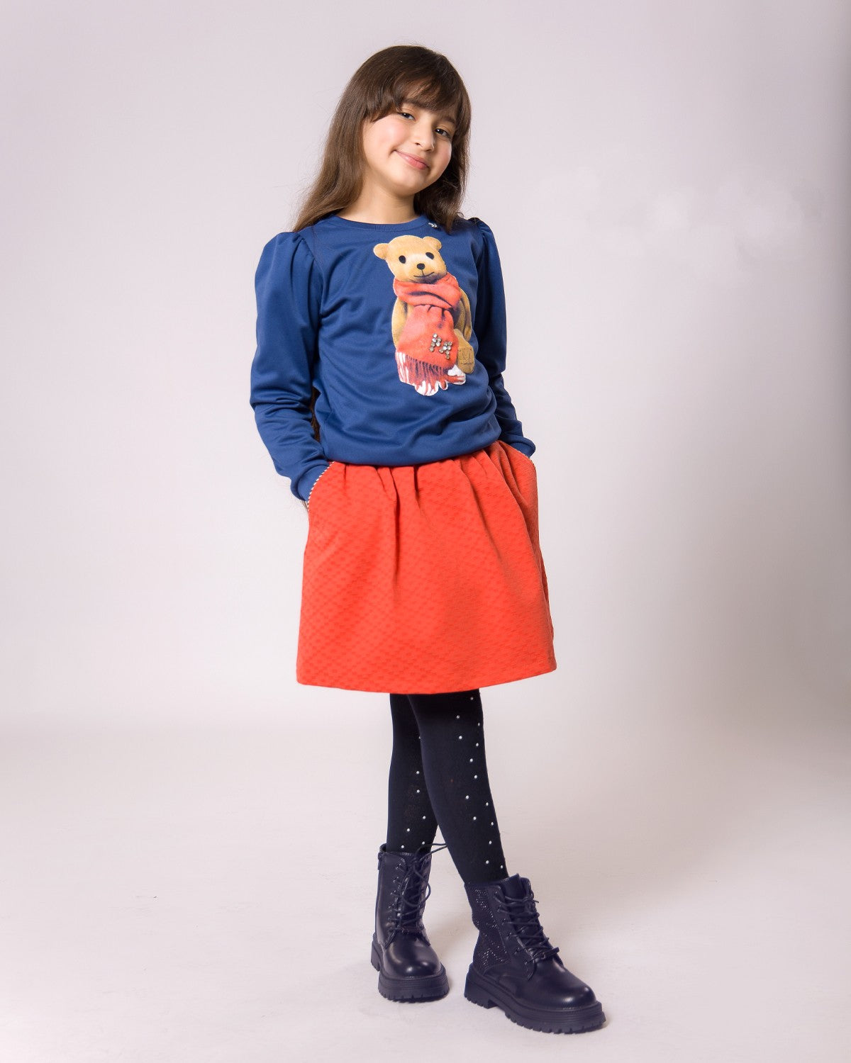 Ensemble Fille Pull Bleu & Jupe Orange